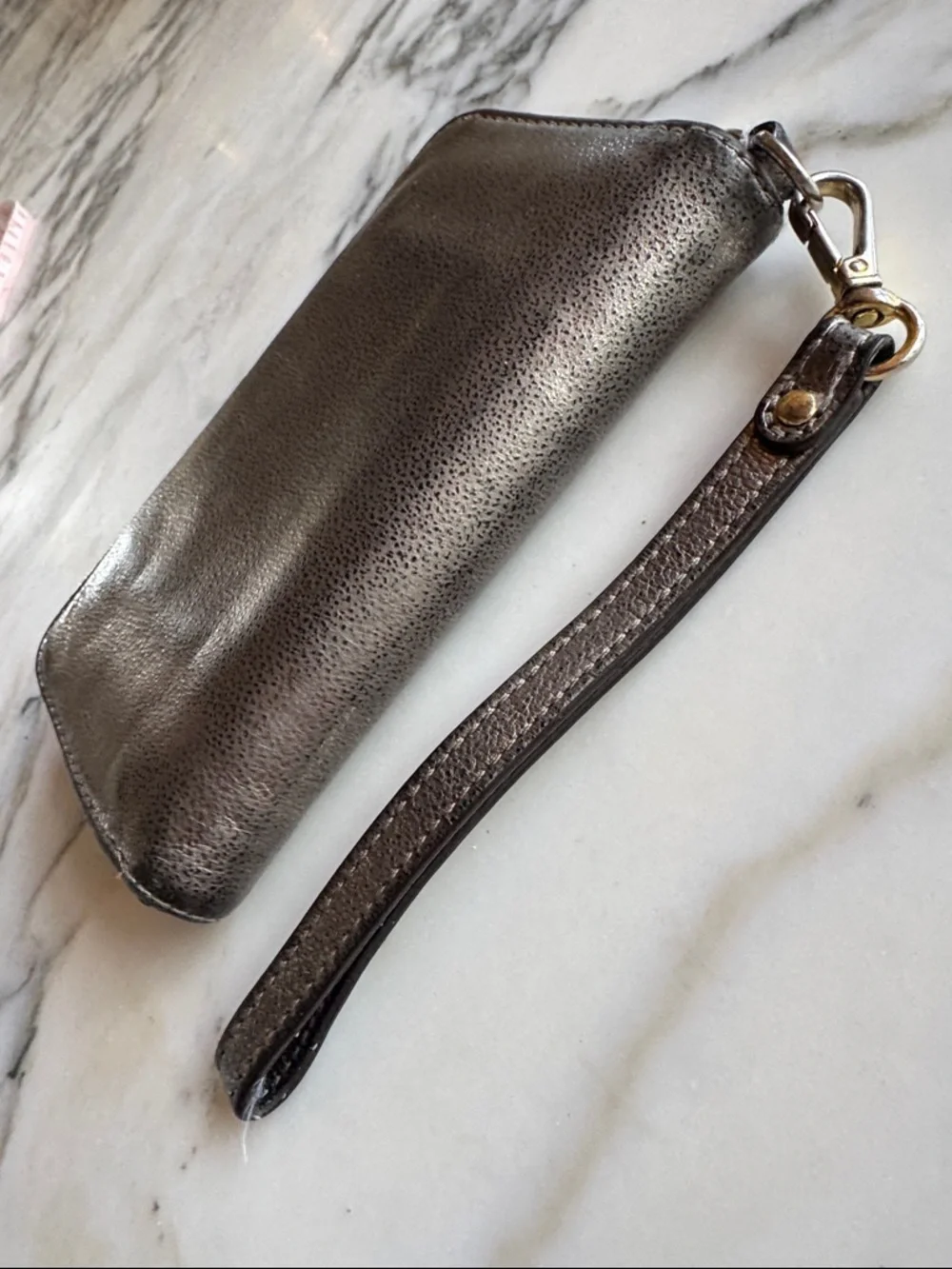 Michael Kors Metallic Pewter Leather Zip Around Wristlet Wallet Gold Hardware